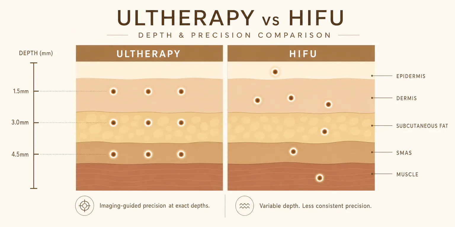 Skin cross-section infographic comparing precision: Ultherapy delivers imaging-guided focused ultrasound at exact depths of 1.5mm, 3.0mm and 4.5mm reaching the SMAS, while generic HIFU places energy at variable, less consistent depths without imaging.