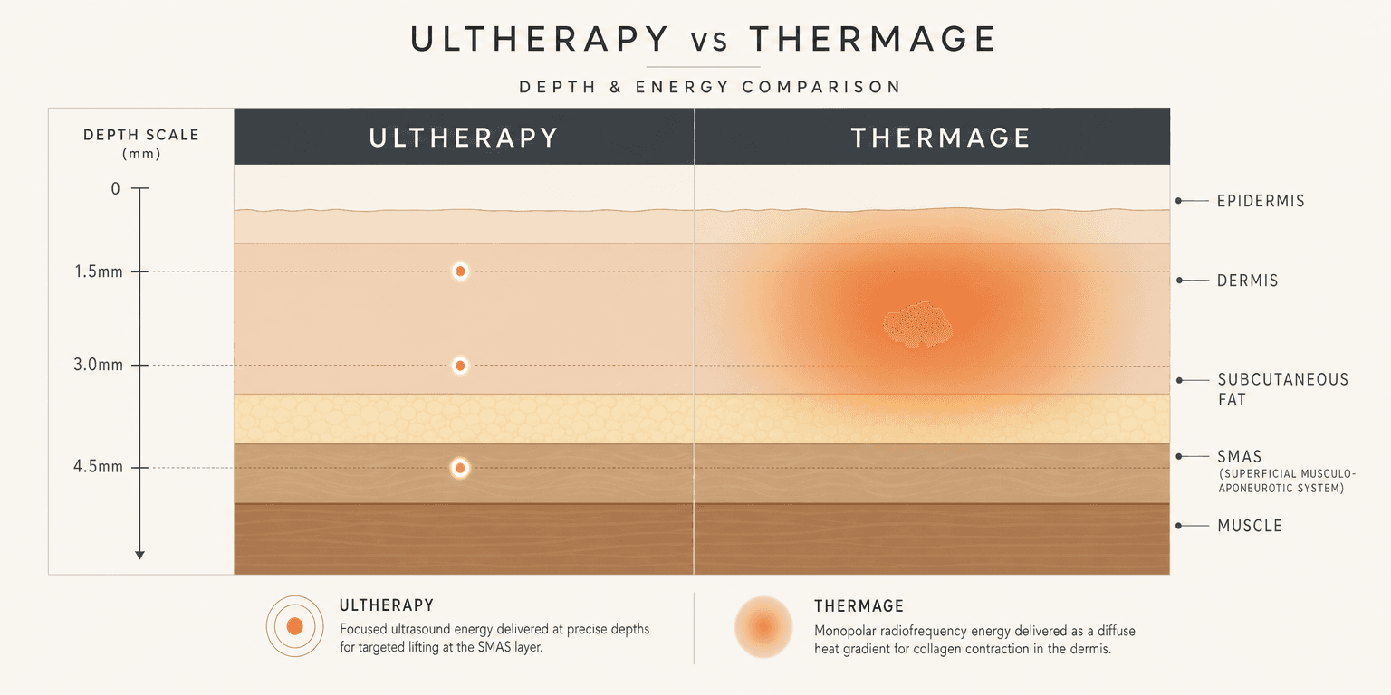 Skin cross-section infographic comparing treatment depth: Ultherapy delivers focused ultrasound at 1.5mm, 3.0mm and 4.5mm (reaching the SMAS), while Thermage spreads diffuse radiofrequency heat through the dermis.