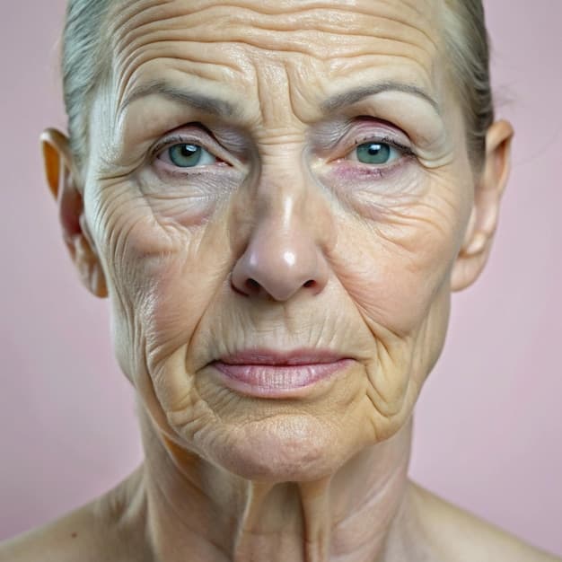 Close-up portrait showing visible facial wrinkles and fine lines
