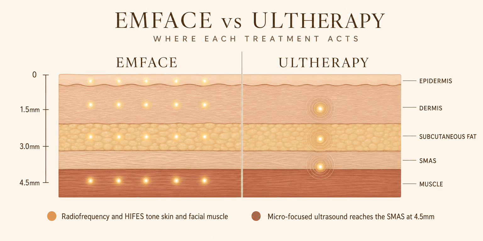 Cross-section infographic comparing where each treatment acts: EMFACE applies radiofrequency and HIFES across the skin and facial muscle layer, while Ultherapy delivers focused ultrasound to the deep SMAS at 4.5mm.