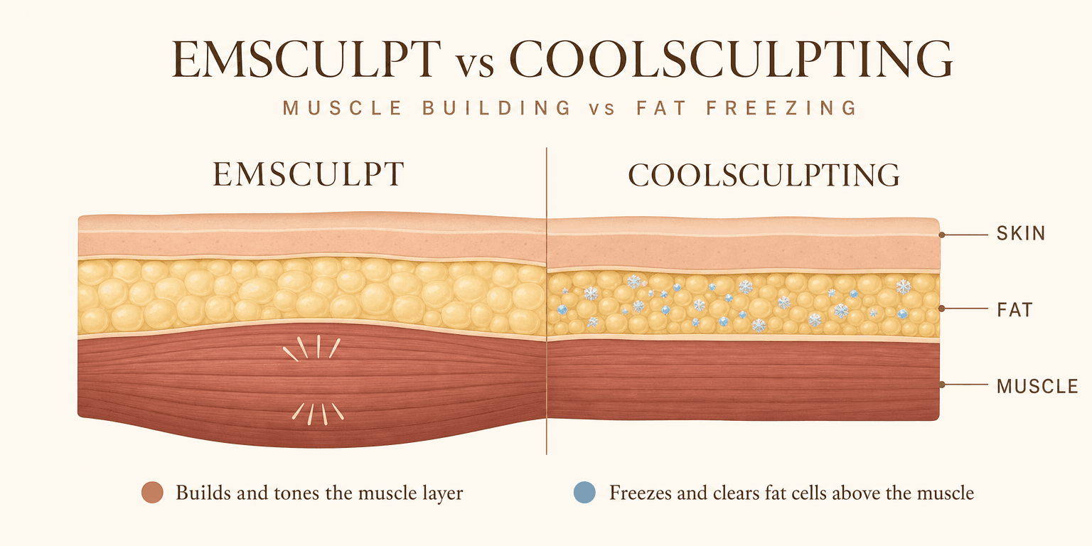 Cross-section infographic comparing the two treatments: EMSCULPT uses electromagnetic energy to build and tone the muscle layer, while CoolSculpting freezes and removes fat cells in the layer above the muscle.