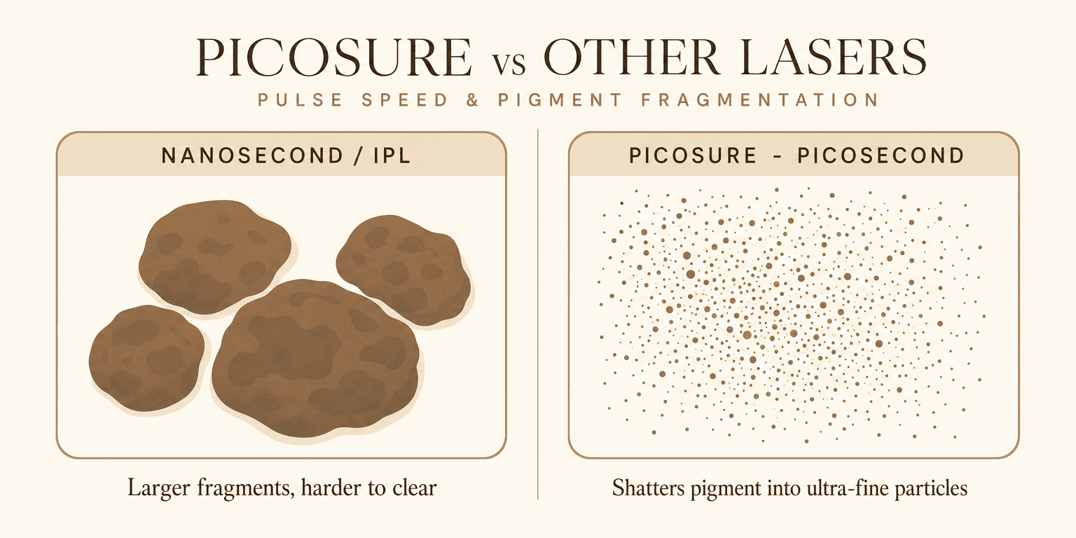 Infographic comparing pigment fragmentation: a picosecond pulse shatters pigment into ultra-fine particles via pressure, while a slower nanosecond pulse leaves larger fragments using more heat.