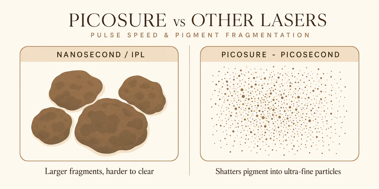 Infographic comparing pigment fragmentation: a picosecond pulse shatters pigment into ultra-fine particles via pressure, while a slower nanosecond pulse leaves larger fragments using more heat.