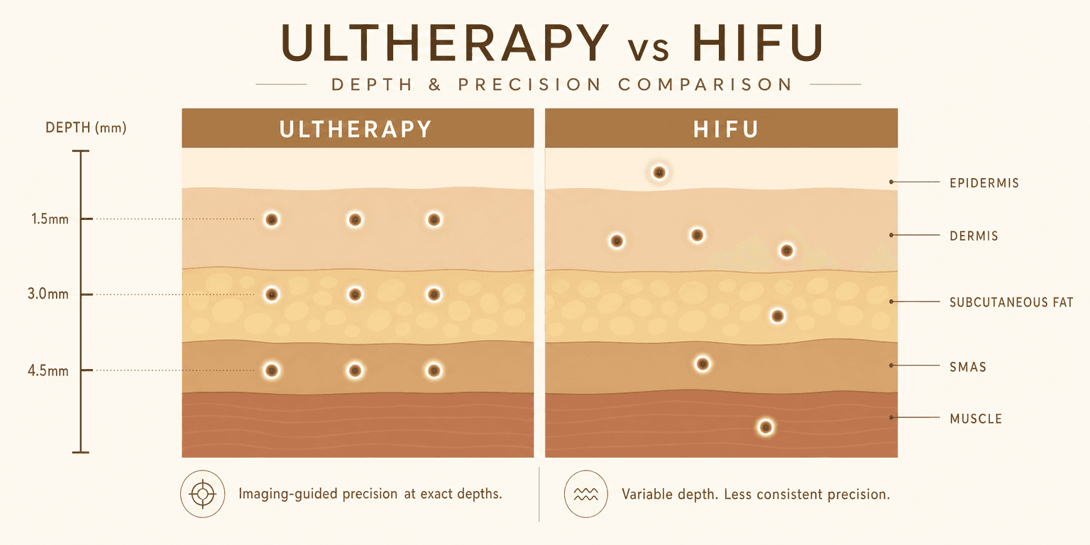 Skin cross-section infographic comparing precision: Ultherapy delivers imaging-guided focused ultrasound at exact depths of 1.5mm, 3.0mm and 4.5mm reaching the SMAS, while generic HIFU places energy at variable, less consistent depths without imaging.