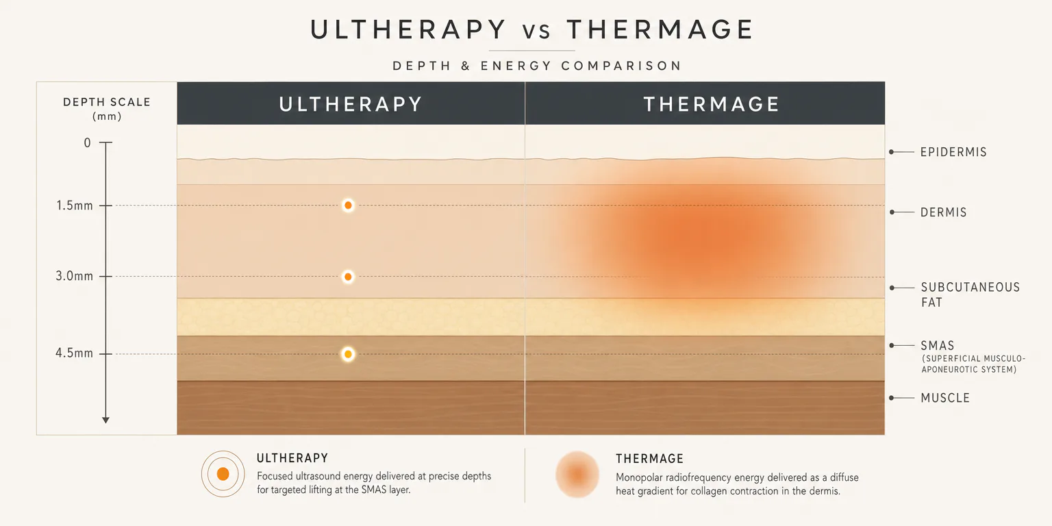 Skin cross-section infographic comparing treatment depth: Ultherapy delivers focused ultrasound at 1.5mm, 3.0mm and 4.5mm (reaching the SMAS), while Thermage spreads diffuse radiofrequency heat through the dermis.