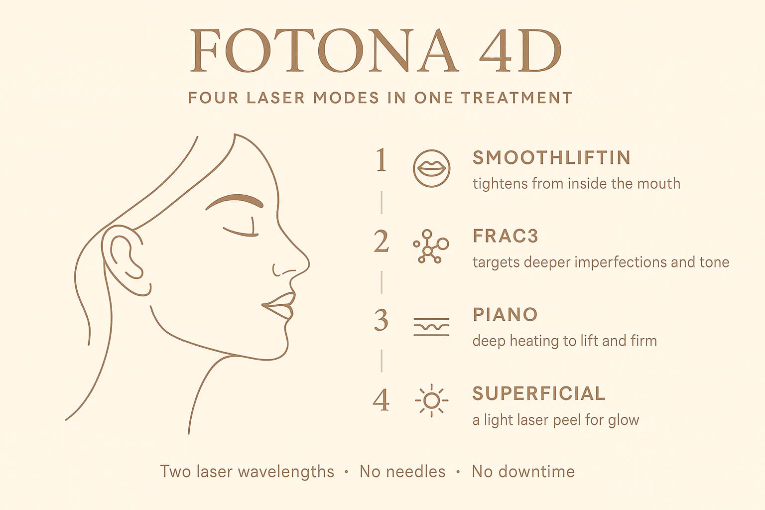 Fotona 4D's four laser modes: SmoothLiftin, FRAC3, PIANO and SupErficial — lifting, tightening and resurfacing inside and out